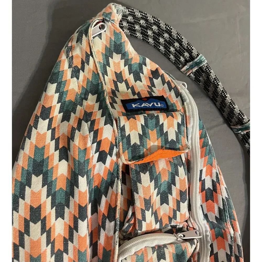 Kavu Rope Sling Bag Geometric Chevron Orange Teal Canvas Crossbody Great